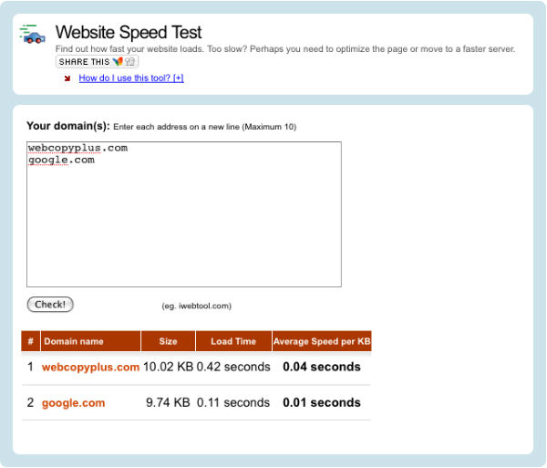 Webcopyplus website speed test versus Google
