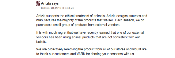 Aritzia's Response to Animal Rights Blogger